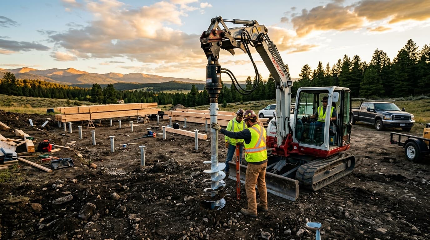 Echipă DevisSteel montând o fundație pe piloni înșurubați cu utilaj hidraulic